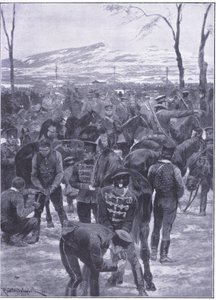 Japán lovassági tábor Szöulban: Patkolókovácsok munkában, illusztráció: Cassells Az orosz-japán háború története, 1. kötet, 1900 körül alkotó: Richard Caton Woodville