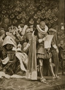 A Homage, a Largesse és a General Pardon I. Jakab és Anne dán koronázásán, 1603. július 25-én, a „The Illustrated London News”-ból, 1902 alkotó: Richard Caton Woodville