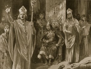 Hubert Walter, Canterbury érseke beszéde János koronázásán, mennybemenetel napján, 1199. május 27-én, a „The Illustrated London News”-ból, 1902 alkotó: Richard Caton Woodville