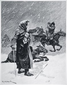 Török-baskír kozák íjászok zaklatták és üldözték Napóleon hadseregének visszavonulását Oroszországból 1812-ben (színes litho)