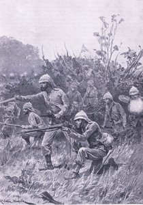 A brit erők előrenyomulása az 1873-as ashanti hadjáratban, illusztráció a brit szárazföldi és tengeri csatákból, 1915 alkotó: Richard Caton Woodville junior