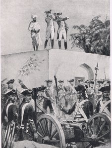 Plassey-i csata, 1757. június 23.: Clive a Nawab Surat-ud-Daulah vadászkastély tetején, illusztráció a brit szárazföldi és tengeri csatákból, 1915