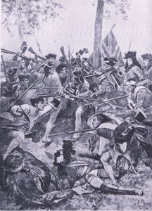 Ramilles-i csata, 1706. május 23.: Az ír ezred támadása, illusztráció a brit szárazföldi és tengeri csatákból, 1915 alkotó: Richard Caton Woodville junior