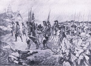 Blenheim, 1704. augusztus 13.: A falu megrohanása, illusztráció a brit szárazföldi és tengeri csatákból, 1915 alkotó: Richard Caton Woodville junior