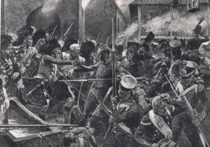 A 42. felföldi lovasok kiszorítják a franciákat Elvinából, illusztráció a "British Battles on Land and Sea" című könyvből, kiadta a Cassell, London, 1910 körül.