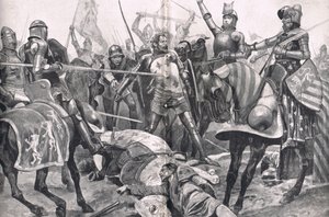 II. János Franciaország utolsó állása a poitiers-i csatában, illusztráció a „British Battles on szárazföldön és tengeren”, kiadó: Cassell, London, 1910 körül