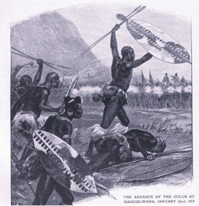 A zuluk előretörése Isandhlwanában 1879. január 22., illusztráció a brit szárazföldi és tengeri csatákból, 1915 alkotó: Richard Caton Woodville junior
