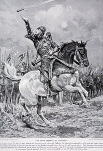 Az első támadás Hastingsnél: Taillefer, a bűvész kardzsonglőr énekelve és kardját a levegőbe dobálva lovagolt a sorokból, 1066, illusztráció a "Hutchinson