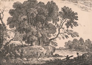 Vízzel körülvett facsoport táj, bal oldalon a házikó, a jobb előtérben nő ül alkotó: Richard Cooper the Elder