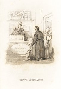 A Halál csontváza a biztosítási irodában. ,1827 (metszet)