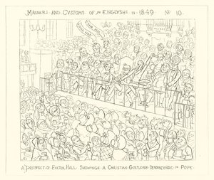 1849, Exeter Hall kilátása, amelyen egy keresztény úriember elítéli a pápát alkotó: Richard Doyle
