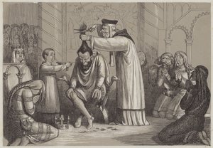 I. Henrik borbély bánásmódja, egy normann püspök (akvatinta) által alkotó: Richard Doyle