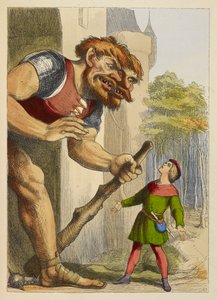 Jack felnéz egy óriásra, akinek két feje van. Az óriás walesi. Színes illusztráció gyermekkönyvben. alkotó: Richard Doyle