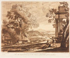 Liber Veritatis: 133. sz., Táj, szarvasmarhákkal és Hágart vigasztaló angyallal, 1776. alkotó: Richard Earlom