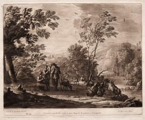 Liber Veritatis: 25. sz., Hegyvidéki és erdős táj pásztorokkal..., 1774. alkotó: Richard Earlom