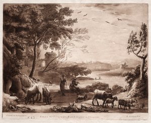 Liber Veritatis: 42. szám, Folyói táj pásztorral és pásztorlánnyal..., 1774. alkotó: Richard Earlom