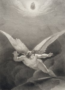 A Sátán átugrik a mennyország falain, John Milton (1608-74) „Elveszett paradicsom” francia kiadásából, amelyet Nyon vésett, 1868-ban. alkotó: Richard Edmond Flatters