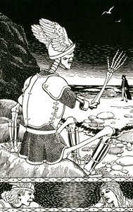 A halál mint csontváz búcsúzik egy embertől, 1930 körül (litográfia) alkotó: Richard Fayerweather Babcock