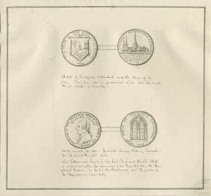 Lichfield – Lichfieldi katedrális és a városi fegyverek érmei, valamint Richard Greene portréja: tollrajz, nd [19. század eleje] (rajz)