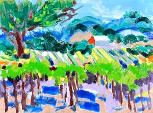 Vineyard with Red Barn, 2021 (olaj, papír)