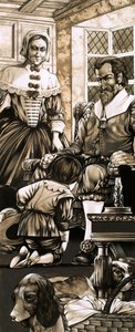 Egy 17. századi fiú térdel apja előtt bűnbánóan (gouache, papír) alkotó: Richard Hook