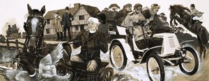 Egy új, zajos gépkocsi megijeszti a falusiakat és a lovaikat. alkotó: Richard Hook
