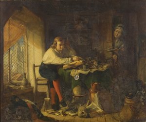 Chatterton a Rowleian-kéziratok komponálásában (olaj, vászon) alkotó: Richard J. Lewis