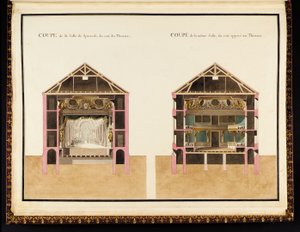 Az előadóterem része a színház felőli oldalon és ugyanennek a teremnek a színházzal szembeni része, Richard Mique Petit Trianon tervrajzának gyűjteményéből