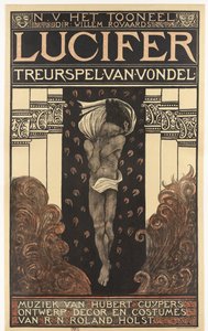 N.V. A színház. dir. William Royaards. Vondel Lucifer tragédiája. Zene: Hubert Cuyper. Tervező, dekor, jelmezek: R.N. Holst Roland. (cím a tárgyon)