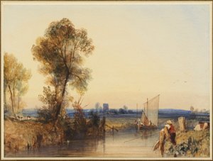 Halász egy folyó partján, a távolban templomtorony alkotó: Richard Parkes Bonington