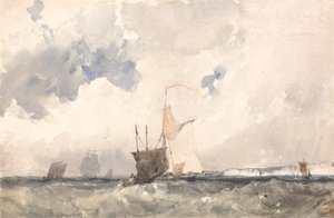 Hajók a hullámzó tengerben (akvarell, kikarcolt papíron) alkotó: Richard Parkes Bonington