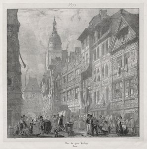 Festői és romantikus utazások az ókori Franciaországban, Normandiában: Rue du Gros Horloge, Rouen alkotó: Richard Parkes Bonington