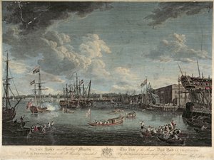 Kilátás a deptfordi Royal Dock Yardról, William Woollett metszetével, 1793. július 1-jén publikálva (színes rézkarc)