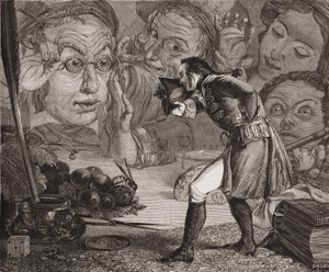 Jonathan Swift Gulliver-utazásai. Gulliver egy asztalon állt ki Brobdingnag lakóinak csodálatára. Redgrave metszet.