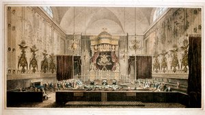 Kilátás a Lordok Házára, a Nagy-Britannia parlamentjének felsőházára. Rothwell metszete. 19. századi Parker Gallery, London