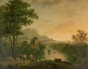 Tengerparti táj este pásztorokkal és pásztorlányokkal táncolva alkotó: Richard Wilson