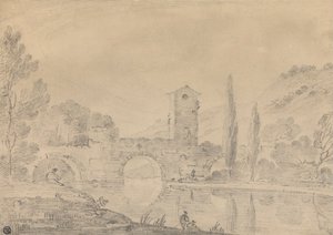 Olasz táj háromívű híddal, hídházzal, alakokkal a part közelében és nyárfákkal a távolabbi parton alkotó: Richard Wilson