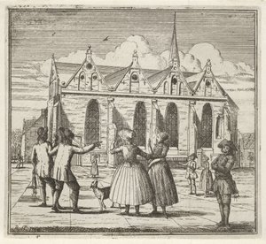 Férfiak és nők egy téren a Grote Kerk közelében Leeuwardenben A tél. (sorozat címe) Téli jelenetek (sorozat címe)