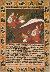 Oldal Sita elrablásának két jelenetével, egy Rámájánából, c. 1745. alkotó: Rikhaji