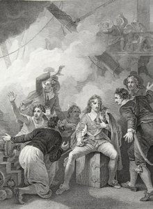 Earl Sandwich nem hajlandó elhagyni a hajóját, miközben ég a sole-öböli csatában, W. Byrne vésette, illusztráció David Hume „Anglia története” című kocsmából. R. Bowyer, London