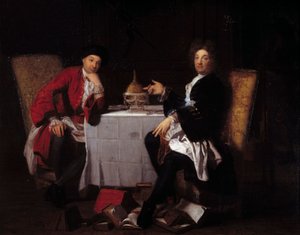Két epikuros Két filozófus beszélget egy asztallal. Robert Tournieresnek (1668-1752) tulajdonított festmény, 18. századi Caen, Muse des Beaux Arts alkotó: Robert (attr. to) Tournieres