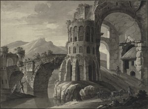Építészeti fantázia. Antik híd romja, amelyet középkori tornyok szegélyeznek alkotó: Robert Adam