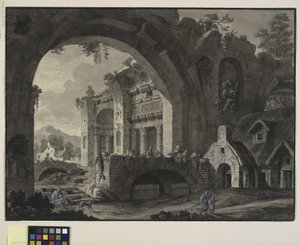 Építészeti fantázia egy antik fürdő romjaival és házakkal alkotó: Robert Adam