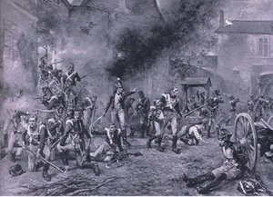 Hougoumont védelme 1815. június 18-án, illusztráció a brit szárazföldi és tengeri csatákból, 1915