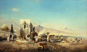 Egy neopolita falu a Vezúvdal a távolban, 1889