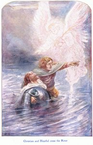 Christian and Hopeful átkel a folyón, a The Pilgrims Progress című könyvből, amelyet John F Shaw & Co adott ki, az 1900-as évek körül (színes litó)