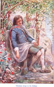 Christian a lugasban alszik, a John F Shaw & Co által kiadott The Pilgrims Progress-ből, az 1900-as évek körül (színes litó) alkotó: Robert Ambrose Dudley
