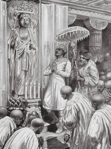 Kaniska beiktatja a mahájána (északi) buddhizmust, Kr. u. 100 (litográfia) alkotó: Robert Ambrose Dudley