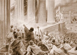 Az alexandriai könyvtár felgyújtása i.sz. 391-ben, illusztráció a „Hutchinsons History of the Nations” című könyvéből, 1910 körül (litho)