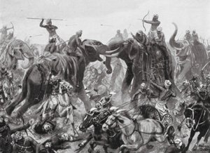 Pulikesin II Chalukhya legyőzése Mahamalla Pallava által Badamiban, Kr. u. 642 (litó) alkotó: Robert Ambrose Dudley
